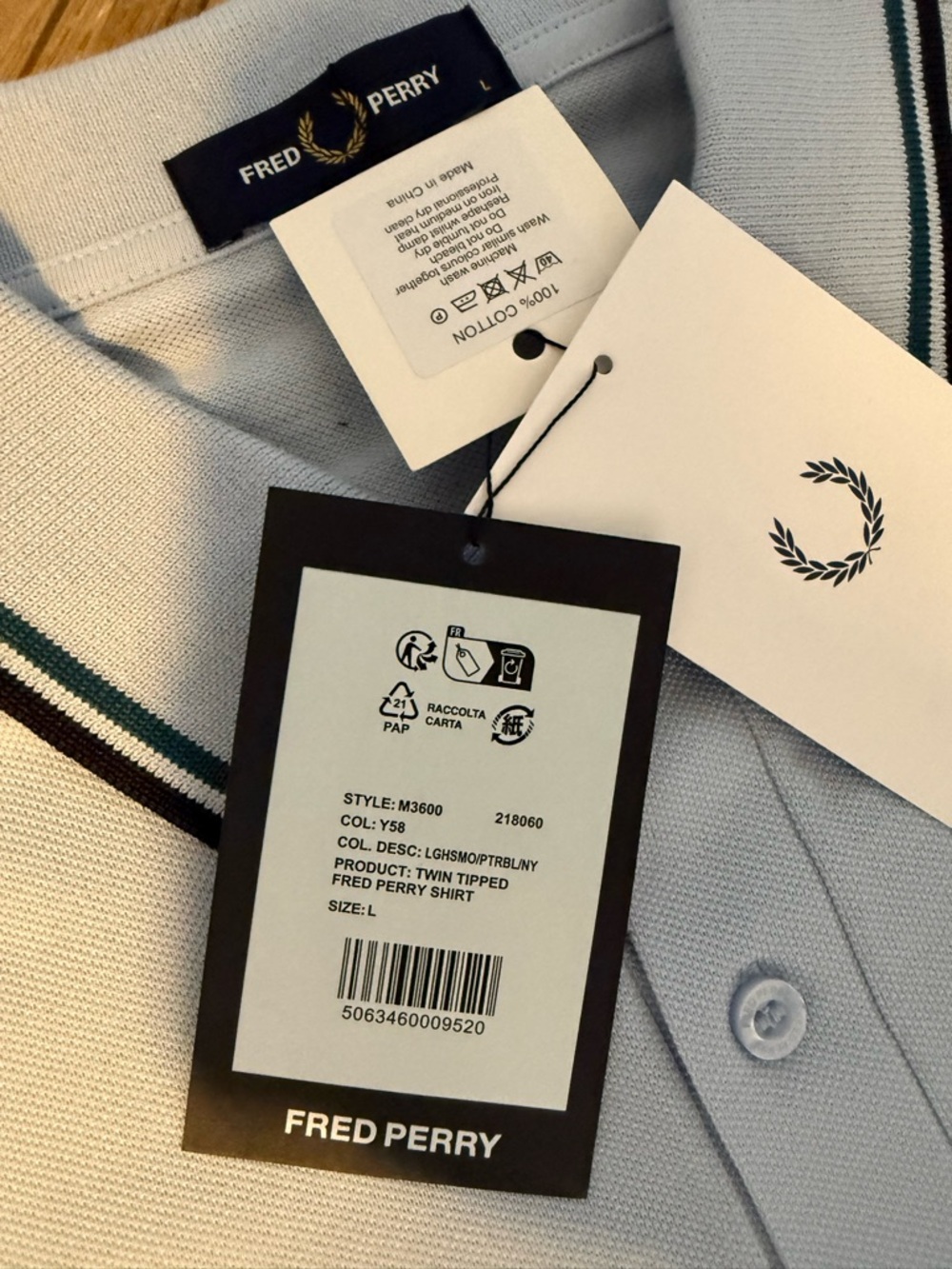 Fred Perry Light Blue Polo with Navy Twin Tipping - Picture 2 of 4
